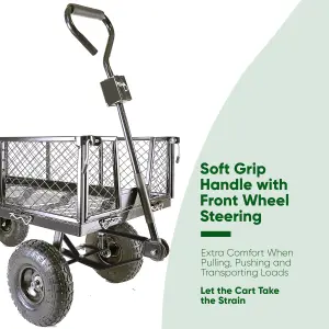 Garden TRAILER Cart Pull Along Trolley 350kg Heavy Duty Black Mesh Utility Gardeners Wagon with Removable Liner & Folding Sides