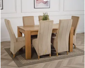 Kuba 150 x 85 cm Chunky Medium Oak Dining Table and 6 Chairs Dining Set with Lola Beige Fabric Chairs