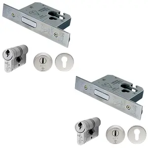 2 PACK - 76mm EURO Deadlock & Double Cylinder Key Kit - Satin Steel Door Lock Pack