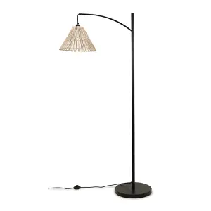 ValueLights Preto Black Metal Curve Stem Floor Lamp with a Rattan Wicker Tapered Shade