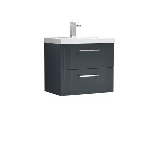 Retro 2 Drawer Wall Hung Vanity Unit with Mid-Edge 1 Tap Hole Ceramic Basin - 600mm - Satin Soft Black - Balterley