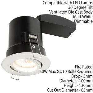 FIRE RATED GU10 Lamp Ceiling Down Light White PUSH FIT FAST FIX Adjustable Tilt