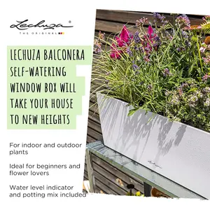 LECHUZA BALCONERA Stone 50 Quartz White Self-watering Planter with Substrate and Water Level Indicator H19 L50 W19 cm, 8L