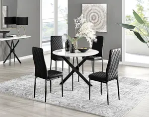 Furniturebox UK Novara White Gloss Black Leg Round Dining Table & 4 Black Velvet Milan Black Leg Chairs