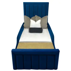 Sammy Bed Gaslift Ottoman Plush Velvet with Safety Siderails- Blue