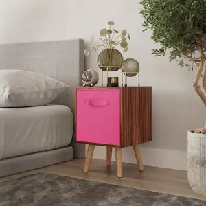 URBNLIVING 50cm Height Dark Pink 1-Drawer Cube Teak Shelving Unit with Scandinavian Beech Legs