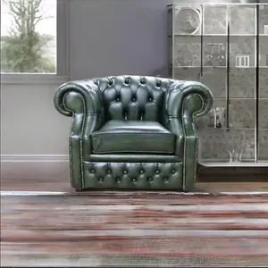 Chesterfield Club Chair Antique Green Real Leather In Buckingham Style