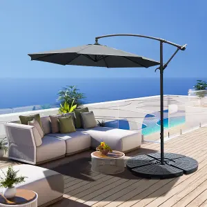 3M Large Rotatable Garden Sun Shade Cantilever Parasol Patio Hanging Banana Umbrella Crank Tilt with Fillable Base, Dark Grey