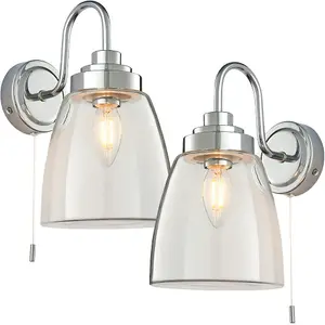 2 PACK IP44 Bathroom Wall Light Chrome & Domed Clear Glass Curved Arm Oval Lamp