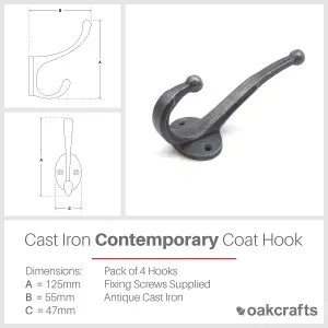 Oakcrafts - Antique Cast Iron Contemporary Coat Hook - Pack of 4 Hooks