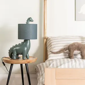 ValueLights Kids Green Dinosaur Bedside Table Lamp with Drum Fabric Shade