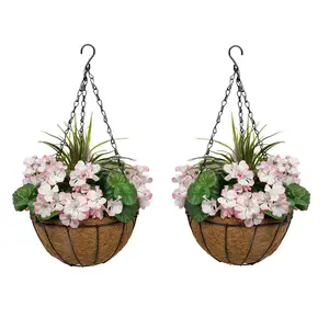 GreenBrokers 2 x Artificial Pink Geraniums Coco Coir Hanging Baskets (52cm/20in)