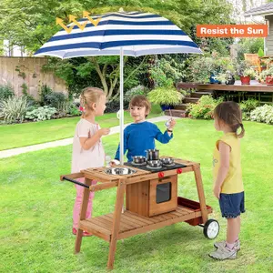 Costway Wooden Mud Kitchen Outdoor Kitchen Playset with Umbrella Sink Storage Cabinet