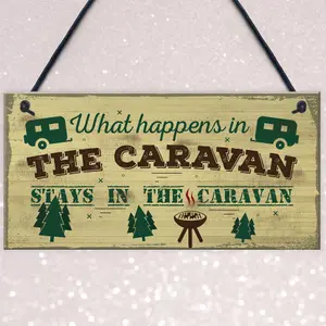 Red Ocean What Happens In The Caravan Campervan Novelty Shabby Chic Camping Holiday Door Sign Plaque