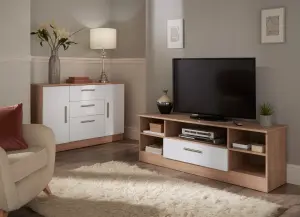 Trent 3 Door Sideboard in White Gloss & Bardolino Oak (Ready Assembled)