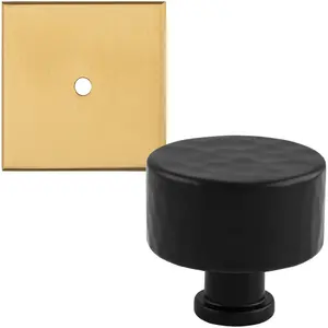 Cabinet Door Knob & Contrasting Backplate Set - Hammered Kitchen Pull - Matt Black & Satin Brass