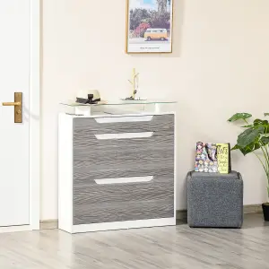 HOMCOM Shoe Cabinet w/ 3 Drawers, High Gloss Front Panels w/ Glass Top Grey