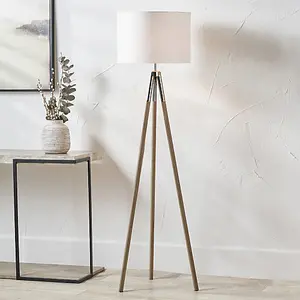 Silver Metal and Wood Grain Tripod Floor Lamp