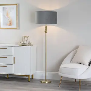 ValueLights Marissa Gold Stacked Ball Floor Lamp with Grey Velvet Shade