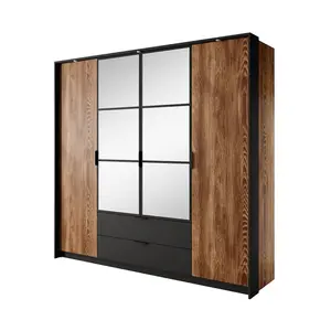 Milton Contemporary 4 Mirrored Hinged Door Wardrobe 9 Shelves 2 Drawers 1 Rail Chestnut Wood Effect (H)2020mm (W)2000mm (D)570mm