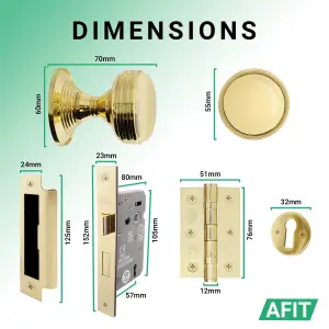 AFIT Lined Key Lock Door Knob Set Polished Brass - 1 Pair of Mortice Knobs 55mm, Sash Lock 80mm & Hinges 76mm for Internal Doors