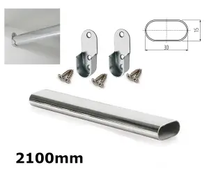 Wardrobe Rail Oval Chrome Hanging Rail Free End Supports & Screws - Length 2100mm