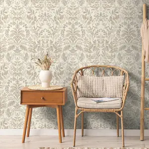 Beige Damask Leaf Wallpaper Holden Classic Natural Leaves Tree Floral Cream