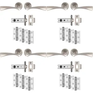 4 PACK - Premium Door Handle & Latch Pack Set- Satin Nickel Curved Flair Lever Round Rose