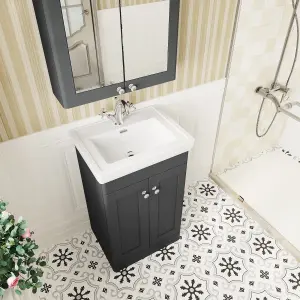 Traditional Floor Standing 2 Door Vanity Unit with 1 Tap Hole Fireclay Basin, 500mm - Soft Black