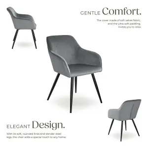 Chair Marilyn - with armrests, padded, velvet look, black steel legs - grey/black