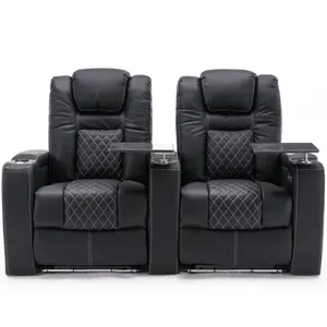 Broadway 2 Seater Electric Recliner Cinema Sofa USB Charging Led Base With Tray (Black w White Stitching)