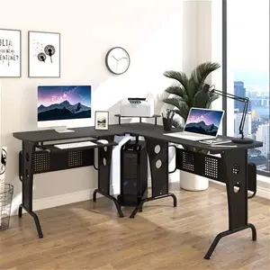 HOMCOM L-Shaped Corner Work Desk Gaming Office W/ Steel Frame CPU Rack Keyboard Tray Space-Saving Melamine Coating Computer, Black | Aosom UK