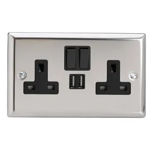 Varilight 2-Gang 13A Single Pole Switched Socket + 2x5V DC 2100mA USB Charging Ports  Chrome