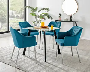 Furniturebox Seattle Scandi Inspired Glass and Black Metal Leg Square Dining Table & 4 Blue Calla Velvet Silver Leg Chairs