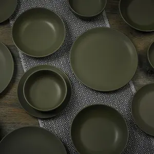 Queensway Home & Dining 26cm Diameter 24 Pcs Green Coloured Stone Ceramic Dinnerware Crockery Plates Bowls Dining Set