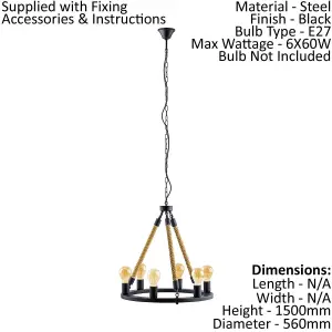 Hanging Ceiling Pendant Light Black & Rope 6x 60W E27 Round Feature Chandelier