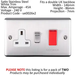 2 PACK 45A DP Oven Switch & Single 13A Switched Power Socket SATIN STEEL & White