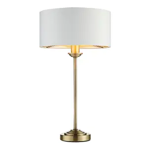 Luminosa Highclere 1 Light Table Lamp Antique Brass Plate, Vintage White Fabric