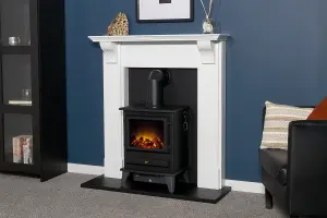 Adam Harrogate Stove Fireplace in Pure White & Black with Hudson Electric Stove in Black, 39 Inch