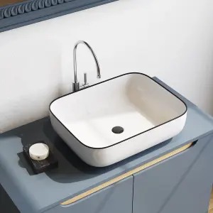 Minimalist White Rectangle Ceramic Bathroom Counter Top Basin Wash Sink W 500mm x D 400mm