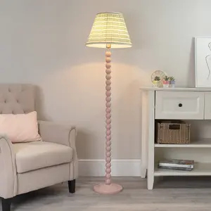 ValueLights Bobbles Rose Pink Bobbin Floor Lamp with Pink Aztec Pleated Shade - LED Bulb Included