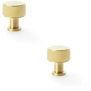 2 PACK - Round Reeded Door Knob - 29mm Diameter Satin Brass Lined Cupboard Pull Handle