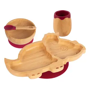 Tiny Dining - Dinosaur Bamboo Suction Baby Feeding Set - Red - 4pc