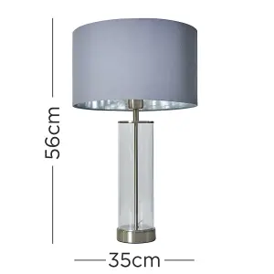 ValueLights Balan Brushed Chrome and Clear Tube Table Lamp with Grey Chrome Cylinder Shade