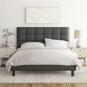 Size Modern Upholstered Bed Frame with Square Tufted Headboard Dark Grey / Double (4'6)