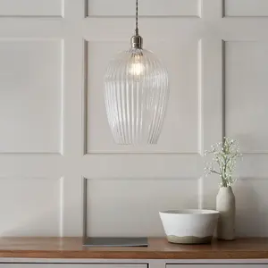 Luminosa Livorno Dome Pendant Ceiling Light Bright Nickel Plate, Clear Ribbed Glass