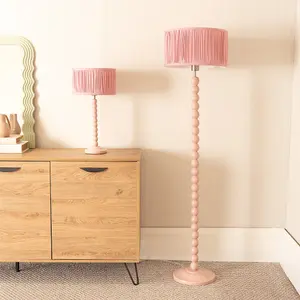 ValueLights Bobbins Painted Rose Floor Lamp with Ruched Pleated Blush Pink Drum Shade