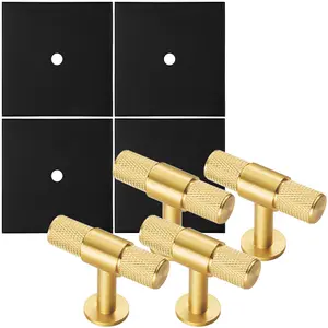 4 PACK - Cabinet Door Knob & Contrasting Backplate Set - Knurled T Bar Pull - Satin Brass & Matt Black