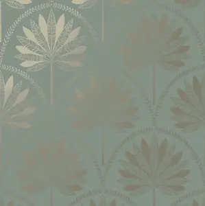 Holden Dusky Blue Metallic Gold Teal Tropical Palm Tree Leaves Feature Wallpaper