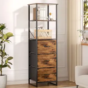 Tall Wooden Storage Cabinet with 3 Drawers and Open Shelves